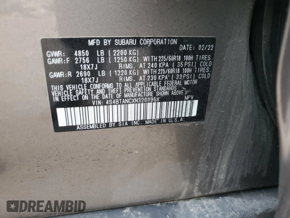 2022 Subaru Outback Limited with VIN 4S4BTANCXN3200958, listed as a Copart auction lot 54152995 with 40,536 mi miles and Salvage title. Bid and sale history available at DreamBid. Image 14.