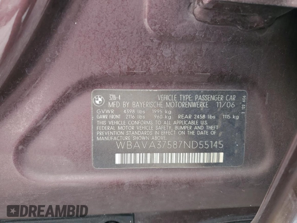 2007 BMW 3 Series 328i with VIN WBAVA37587ND55145, listed as a Copart auction lot 89303175 with Not provided miles and Salvage title. Bid and sale history available at DreamBid. Image 13.