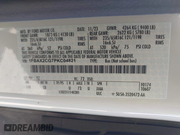 2023 Ford Transit Passenger XL with VIN 1FBAX2CG7PKC04821, listed as a IAAI auction lot 42379783 with 15,909 mi miles and . Bid and sale history available at DreamBid. Image 9.