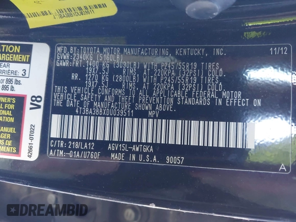 2013 Toyota Venza LE with VIN 4T3BA3BBXDU039511, listed as a IAAI auction lot 41325157 with Not Provided miles. Bid and sale history available at carsss.com. Image 9.