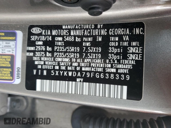 2015 Kia Sorento SX Limited with VIN 5XYKWDA79FG638339, listed as a Copart auction lot 83034624 with 73,085 mi miles and Salvage Title. Bid and sale history available at carsss.com. Image 15.