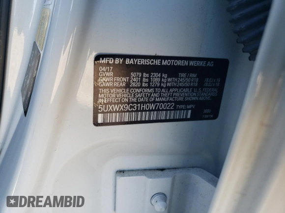 2017 BMW X3 xDrive28i with VIN 5UXWX9C31H0W70022, listed as a Copart auction lot 88159655 with Not Provided miles and Salvage Title. Bid and sale history available at DreamBid. Image 13.
