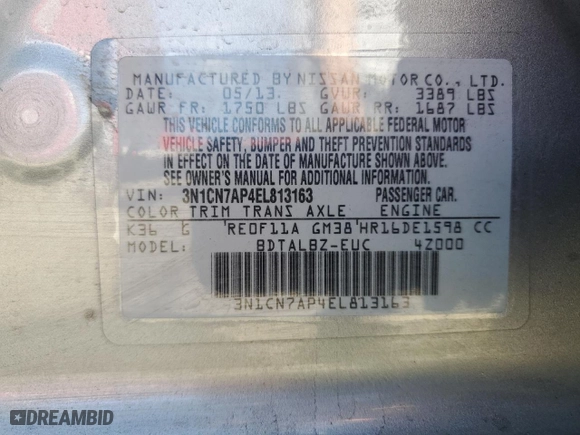 2014 Nissan Versa SV with VIN 3N1CN7AP4EL813163, listed as a Copart auction lot 47505715 with 151,714 mi miles and Salvage Title. Bid and sale history available at carsss.com. Image 12.