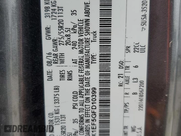 2016 Ford F-150 XLT with VIN 1FTFX1EF5GFD10399, listed as a Copart auction lot 60110165 with 145,374 mi miles and Salvage title. Bid and sale history available at DreamBid. Image 13.