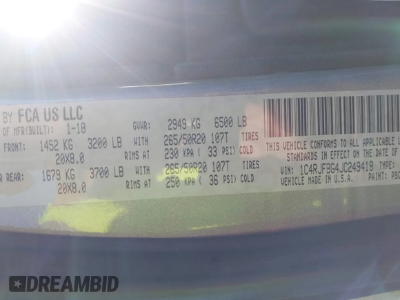 2018 Jeep Grand Cherokee Limited with VIN 1C4RJFBG4JC249418, listed as a IAAI auction lot 41621022 with 83,720 mi miles and . Bid and sale history available at DreamBid. Image 9.