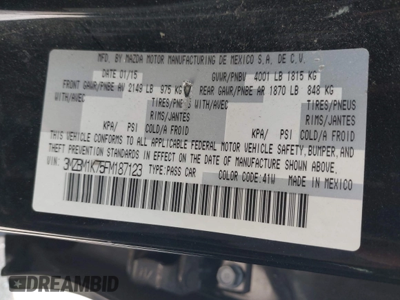 2015 Mazda 3 i Sport with VIN 3MZBM1K75FM187123, listed as a IAAI auction lot 42097281 with 131,180 mi miles and . Bid and sale history available at DreamBid. Image 9.