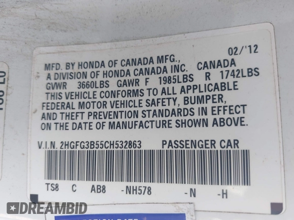2012 Honda Civic Cpe LX with VIN 2HGFG3B55CH532863, listed as a IAAI auction lot 41718076 with 225,933 mi miles. Bid and sale history available at carsss.com. Image 9.