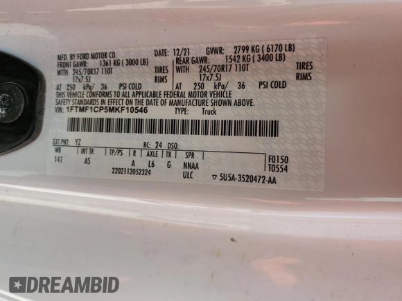 2021 Ford F-150 XL with VIN 1FTMF1CP5MKF10546, listed as a Copart auction lot 50216635 with Not provided miles and Salvage title. Bid and sale history available at DreamBid. Image 12.