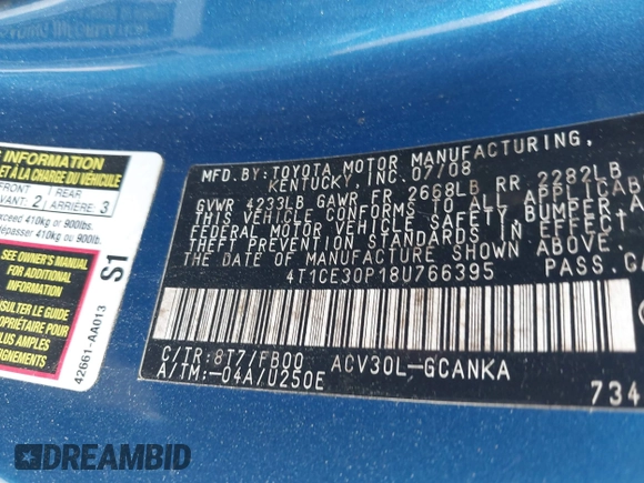 2008 Toyota Solara SE z VIN 4T1CE30P18U766395, wystawiony jako IAAI lot #42512379 z przebiegiem 139 608 mil mil oraz . Historia ofert i sprzedaży dostępna na DreamBid. Obrazek 9.
