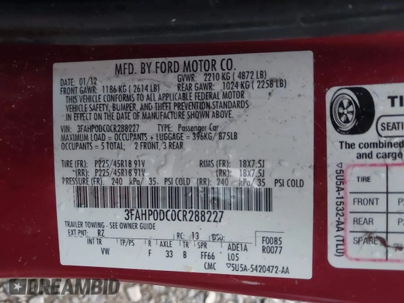 2012 Ford Fusion SPORT with VIN 3FAHP0DC0CR288227, listed as a IAAI auction lot 41094112 with 179,294 mi miles. Bid and sale history available at carsss.com. Image 9.