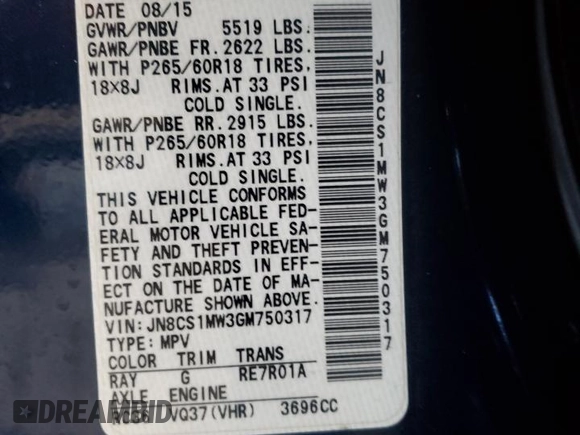 2016 Infiniti QX70 with VIN JN8CS1MW3GM750317, listed as a Copart auction lot 45525785 with 100,318 mi miles and Clean title. Bid and sale history available at DreamBid. Image 12.