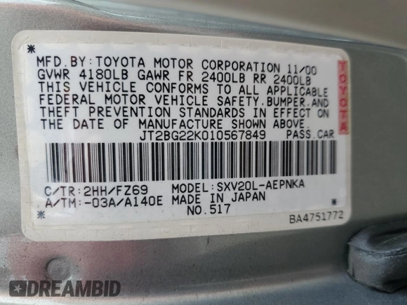2001 Toyota Camry CE with VIN JT2BG22K010567849, listed as a Copart auction lot 50776555 with 114,514 mi miles and Salvage Title. Bid and sale history available at carsss.com. Image 12.
