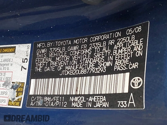 2008 Toyota Prius with VIN JTDKB20U887793293, listed as a IAAI auction lot 41541462 with Not Provided miles and . Bid and sale history available at DreamBid. Image 9.