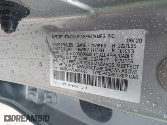 2020 Acura TLX w/Technology Pkg with VIN 19UUB3F49LA003325, listed as a IAAI auction lot 40046774 with 37,801 mi miles. Bid and sale history available at carsss.com. Image 9.