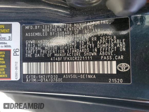 2012 Toyota Camry L with VIN 4T4BF1FKXCR221111, listed as a Copart auction lot 48863475 with 208,220 mi miles and Salvage Title. Bid and sale history available at carsss.com. Image 14.