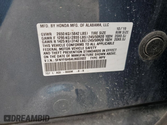 2020 Honda Pilot Touring 7-Passenger with VIN 5FNYF6H64LB022022, listed as a Copart auction lot 56210385 with Not provided miles and Salvage title. Bid and sale history available at DreamBid. Image 13.