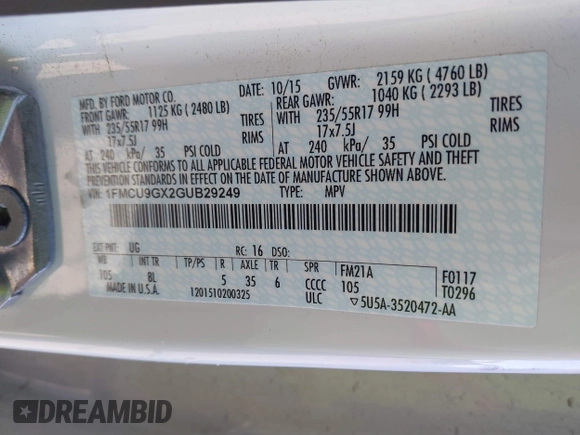 2016 Ford Escape SE with VIN 1FMCU9GX2GUB29249, listed as a IAAI auction lot 41545211 with 97,631 mi miles. Bid and sale history available at carsss.com. Image 9.