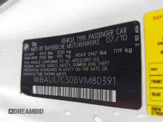 2011 BMW 1 Series 128i with VIN WBAUL7C50BVM80391, listed as a IAAI auction lot 39812898 with 126,208 mi miles and . Bid and sale history available at DreamBid. Image 9.