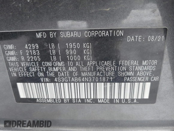 2022 Subaru Impreza z VIN 4S3GTAB64N3701871, wystawiony jako IAAI lot #41406497 z przebiegiem 59 443 mil mil oraz . Historia ofert i sprzedaży dostępna na DreamBid. Obrazek 9.
