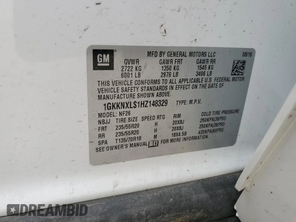 2017 GMC Acadia Denali with VIN 1GKKNXLS1HZ148329, listed as a Copart auction lot 59635205 with 123,298 mi miles and Salvage title. Bid and sale history available at DreamBid. Image 13.