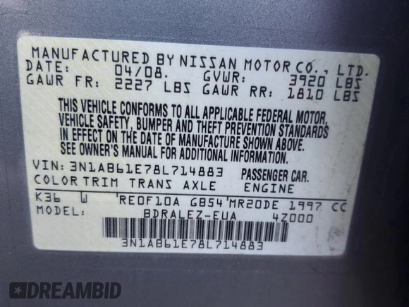2008 Nissan Sentra S with VIN 3N1AB61E78L714883, listed as a Copart auction lot 61466015 with 134,590 mi miles and Non repairable. Bid and sale history available at DreamBid. Image 12.