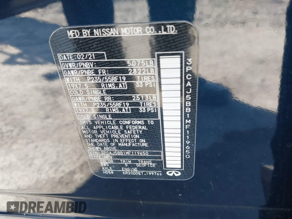 2021 Infiniti QX50 Luxe with VIN 3PCAJ5BB1MF119650, listed as a IAAI auction lot 41856455 with 64,674 mi miles and . Bid and sale history available at DreamBid. Image 9.