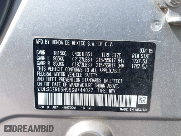 2016 Honda HR-V EX with VIN 3CZRU5H59GM744027, listed as a IAAI auction lot 41861057 with 60,454 mi miles. Bid and sale history available at carsss.com. Image 9.