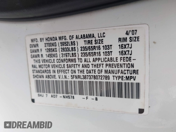 2007 Honda Odyssey EX-L z VIN 5FNRL38737B072789, wystawiony jako IAAI lot #41203148 z przebiegiem 156 828 mil mil oraz . Historia ofert i sprzedaży dostępna na DreamBid. Obrazek 9.