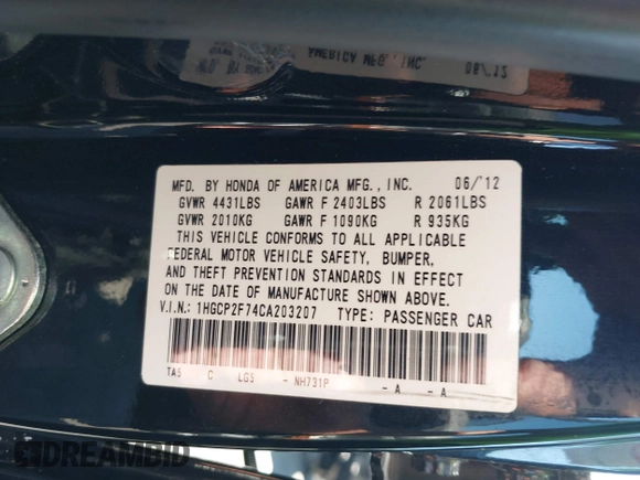 2012 Honda Accord EX with VIN 1HGCP2F74CA203207, listed as a IAAI auction lot 42636433 with 85,401 mi miles and . Bid and sale history available at DreamBid. Image 9.