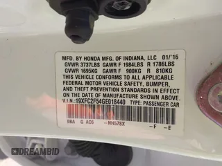 2016 Honda Civic Sedan LX with VIN 19XFC2F54GE018440, listed as a IAAI auction lot 41842654 with 99,315 mi miles. Bid and sale history available at carsss.com. Image 9.