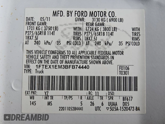 2011 Ford F-150 XL with VIN 1FTEX1EM3BFB74440, listed as a Copart auction lot 50546755 with 110,992 mi miles and Clean Title. Bid and sale history available at carsss.com. Image 12.