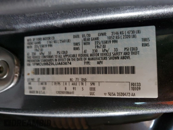 2020 Ford Escape SE Sport Hybrid z VIN 1FMCU9BZ0LUA63674, wystawiony jako Copart lot #59689745 z przebiegiem 157 935 mil mil oraz Szkoda całkowita • Salvage title. Historia ofert i sprzedaży dostępna na DreamBid. Obrazek 13.