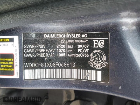 2008 Mercedes-Benz C 300 Sport with VIN WDDGF81X08F068613, listed as a Copart auction lot 58591505 with 220,188 mi miles and Non repairable. Bid and sale history available at DreamBid. Image 12.