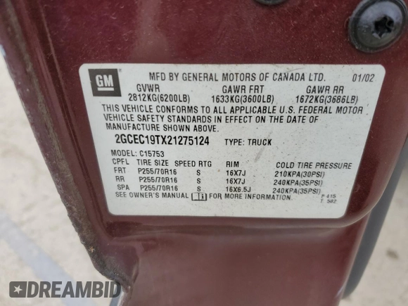 2002 Chevrolet Silverado 1500 LT with VIN 2GCEC19TX21275124, listed as a Copart auction lot 53451865 with 152,538 mi miles and Salvage Title. Bid and sale history available at DreamBid. Image 12.