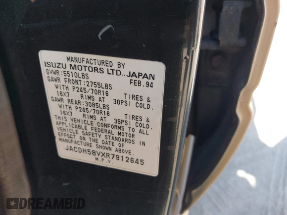1994 Isuzu Trooper z VIN JACDH58VXR7912645, wystawiony jako IAAI lot #42207513 z przebiegiem 321 148 mil mil oraz . Historia ofert i sprzedaży dostępna na DreamBid. Obrazek 9.