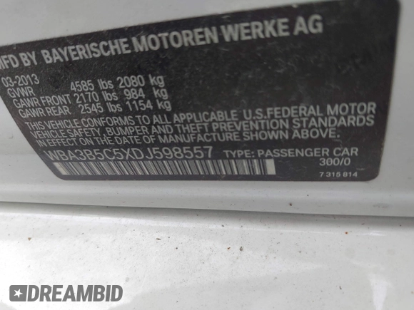 2013 BMW 3 Series 328i xDrive with VIN WBA3B5C5XDJ598557, listed as a IAAI auction lot 42747733 with 153,989 mi miles and . Bid and sale history available at DreamBid. Image 9.