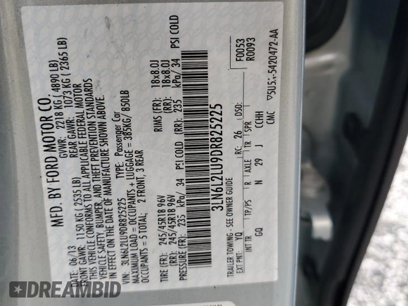2013 Lincoln MKZ Hybrid with VIN 3LN6L2LU9DR825225, listed as a Copart auction lot 58397105 with Not provided miles and Salvage title. Bid and sale history available at DreamBid. Image 12.