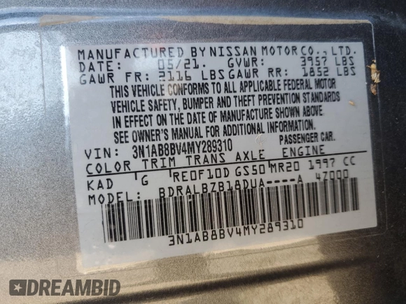 2021 Nissan Sentra S with VIN 3N1AB8BV4MY289310, listed as a Copart auction lot 52102895 with 79,907 mi miles and Salvage Title. Bid and sale history available at DreamBid. Image 13.