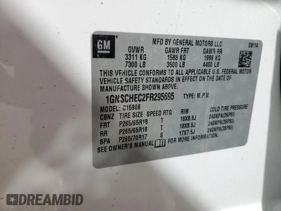 2015 Chevrolet Suburban LS with VIN 1GNSCHEC2FR295695, listed as a Copart auction lot 52395345 with 118,664 mi miles and Salvage title. Bid and sale history available at DreamBid. Image 13.