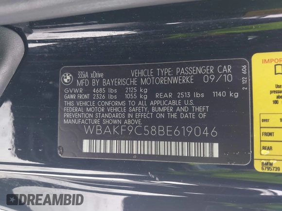 2011 BMW 3 Series 335i xDrive with VIN WBAKF9C58BE619046, listed as a IAAI auction lot 41211250 with Not provided miles and . Bid and sale history available at DreamBid. Image 9.