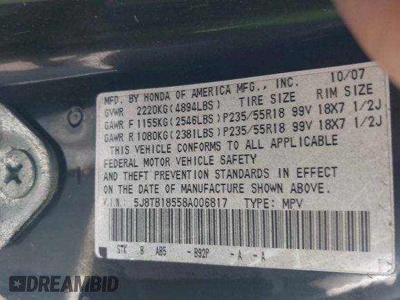 2008 Acura RDX Technology with VIN 5J8TB18558A006817, listed as a IAAI auction lot 42755097 with 173,713 mi miles and . Bid and sale history available at DreamBid. Image 9.