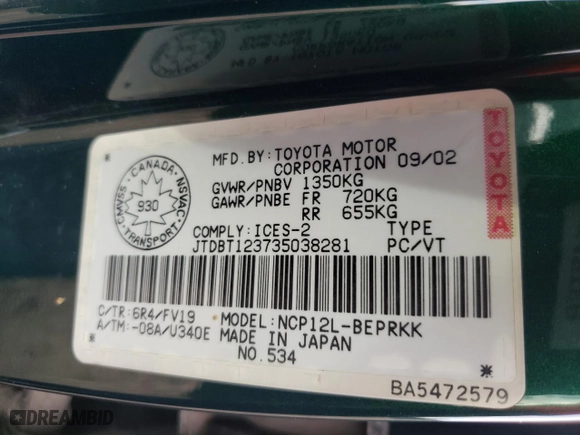 2003 Toyota ECHO with VIN JTDBT123735038281, listed as a Copart auction lot 52209894 with 279,025 mi miles and Salvage Title. Bid and sale history available at carsss.com. Image 13.