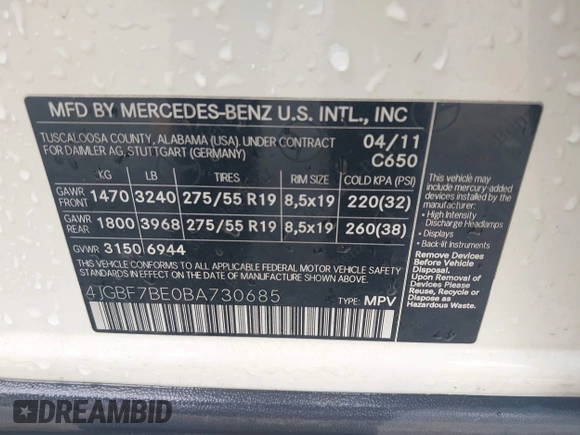 2011 Mercedes-Benz GL-Class GL 450 with VIN 4JGBF7BE0BA730685, listed as a IAAI auction lot 42029019 with 142,190 mi miles. Bid and sale history available at carsss.com. Image 9.