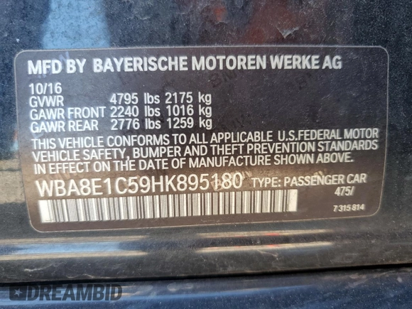 2017 BMW 3 Series 330e iPerformance with VIN WBA8E1C59HK895180, listed as a Copart auction lot 88292275 with 111,313 mi miles and Salvage Title. Bid and sale history available at carsss.com. Image 12.