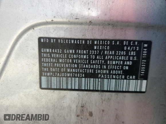 2013 Volkswagen Jetta TDI w/Sunroof & Nav with VIN 3VWPL7AJXDM676834, listed as a Copart auction lot 55681615 with 112,327 mi miles and Salvage title. Bid and sale history available at DreamBid. Image 12.