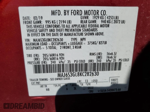 2019 Ford EcoSport SE with VIN MAJ6S3GL8KC282630, listed as a Copart auction lot 54674215 with 19,529 mi miles and Salvage Title. Bid and sale history available at DreamBid. Image 13.