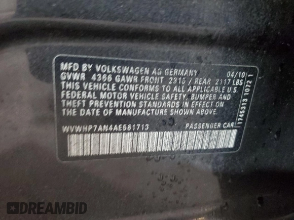 2010 Volkswagen CC Luxury с VIN WVWHP7AN4AE561713, выставлен на аукционе Copart как лот 59707665 с пробегом Не указан миль и Чистый • Clean title. История ставок и продаж доступна на DreamBid. Изображение 12.