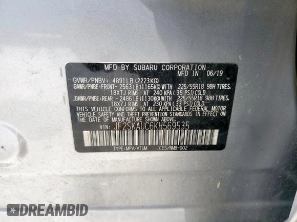 2019 Subaru Forester Limited with VIN JF2SKAUC6KH569535, listed as a Copart auction lot 65501905 with 75,209 mi miles and Salvage title. Bid and sale history available at DreamBid. Image 14.