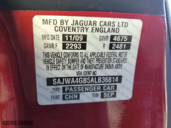 2010 Jaguar XK with VIN SAJWA4GB5ALB36814, listed as a Copart auction lot 74855444 with 0 mi miles and Salvage Title. Bid and sale history available at carsss.com. Image 12.
