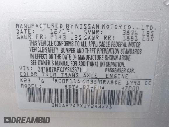 2018 Nissan Sentra S with VIN 3N1AB7APXJY243571, listed as a IAAI auction lot 41891232 with 132,284 mi miles. Bid and sale history available at carsss.com. Image 9.